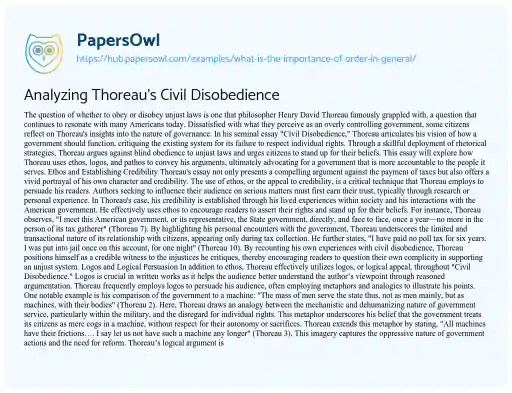 Essay on Analyzing Thoreau’s Civil Disobedience