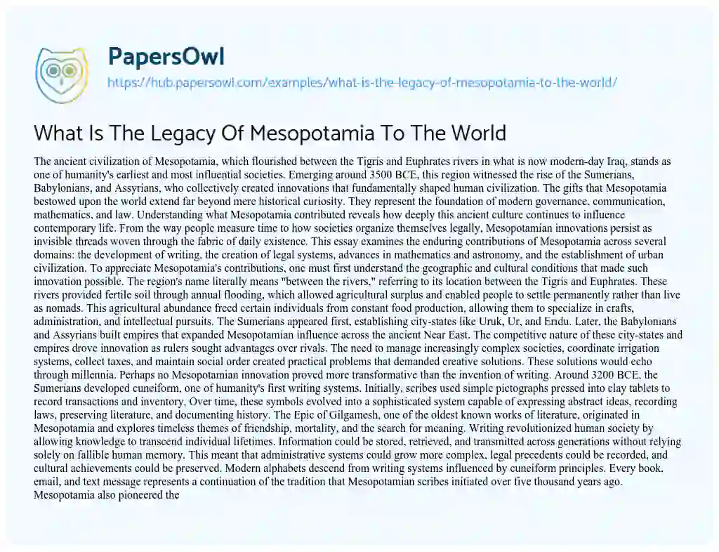 Essay on What Is The Legacy Of Mesopotamia To The World