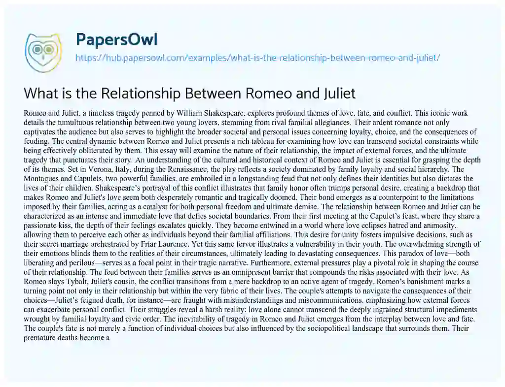 Essay on What is the Relationship Between Romeo and Juliet