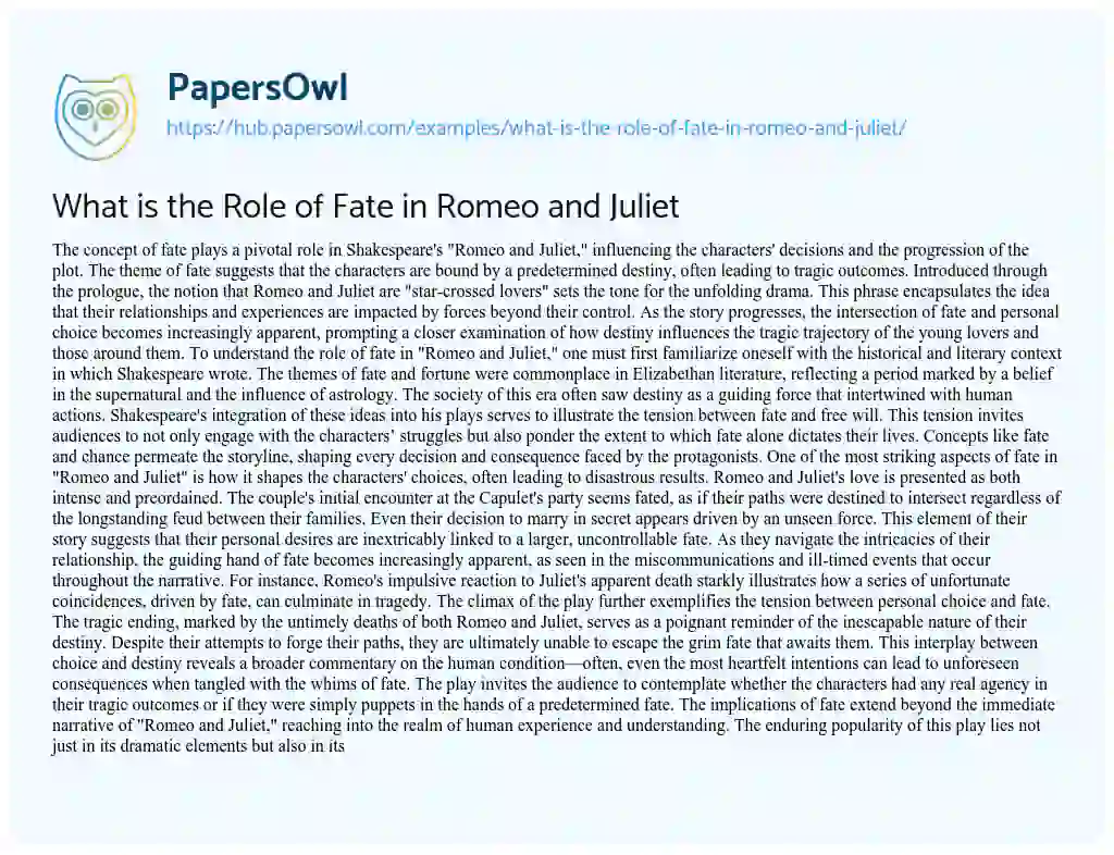 Essay on What is the Role of Fate in Romeo and Juliet