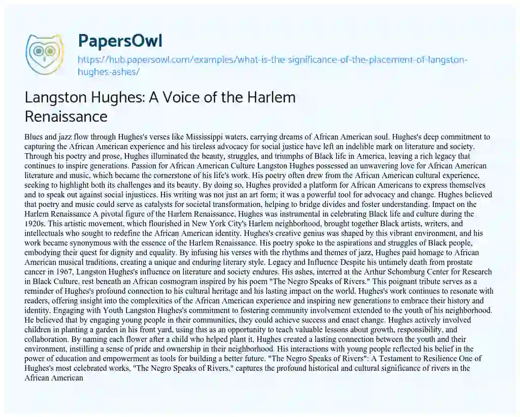 Essay on Langston Hughes: A Voice of the Harlem Renaissance