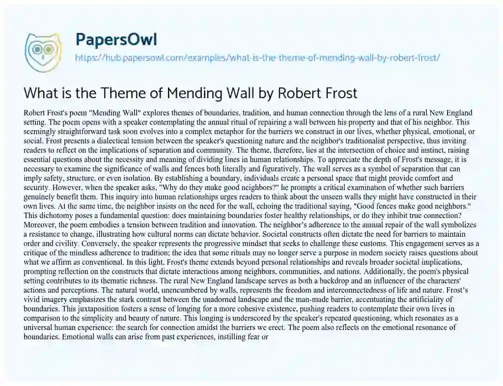 Essay on What is the Theme of Mending Wall by Robert Frost
