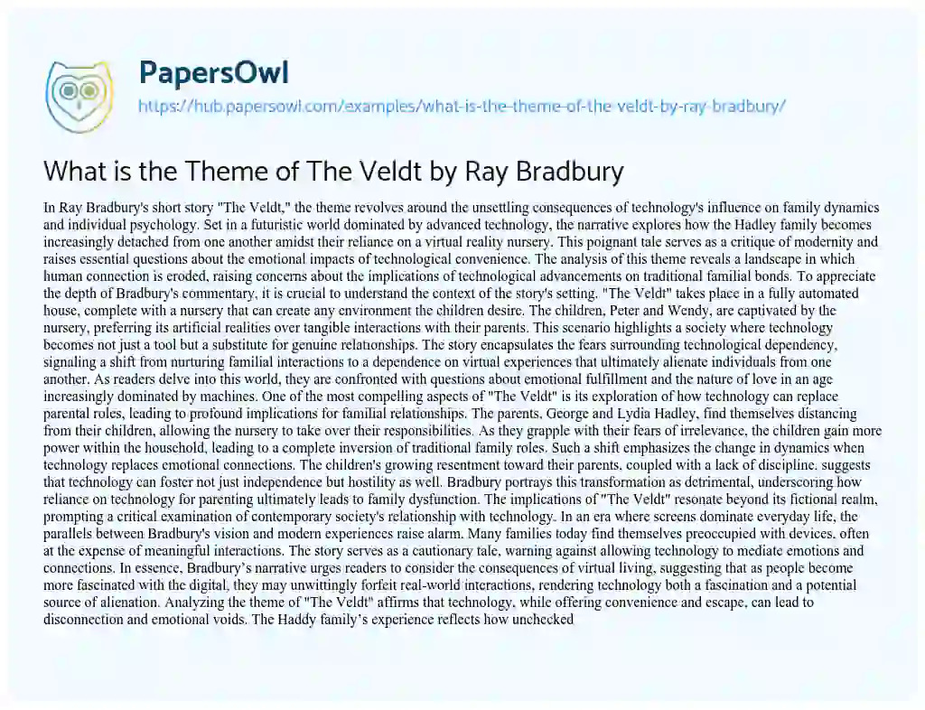 Essay on What is the Theme of The Veldt by Ray Bradbury
