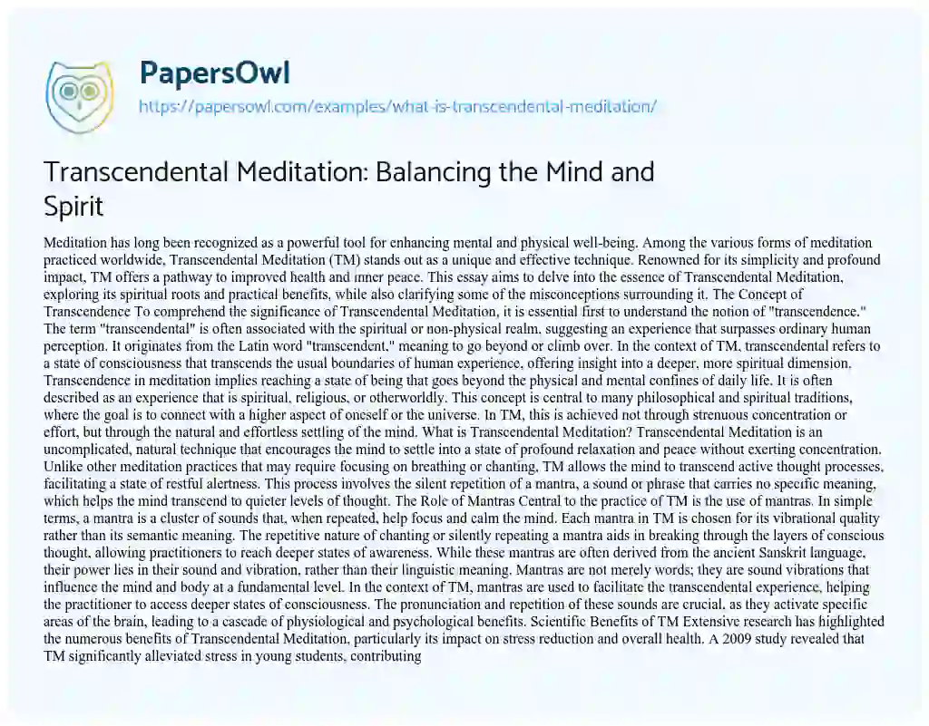 Essay on Transcendental Meditation: Balancing the Mind and Spirit