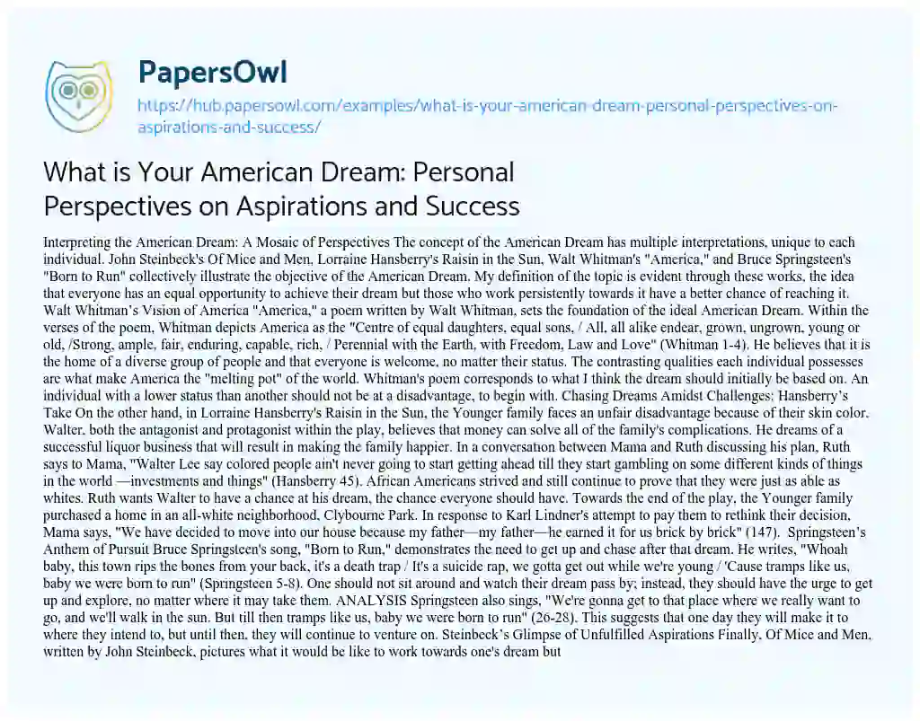 Essay on What is Your American Dream: Personal Perspectives on Aspirations and Success