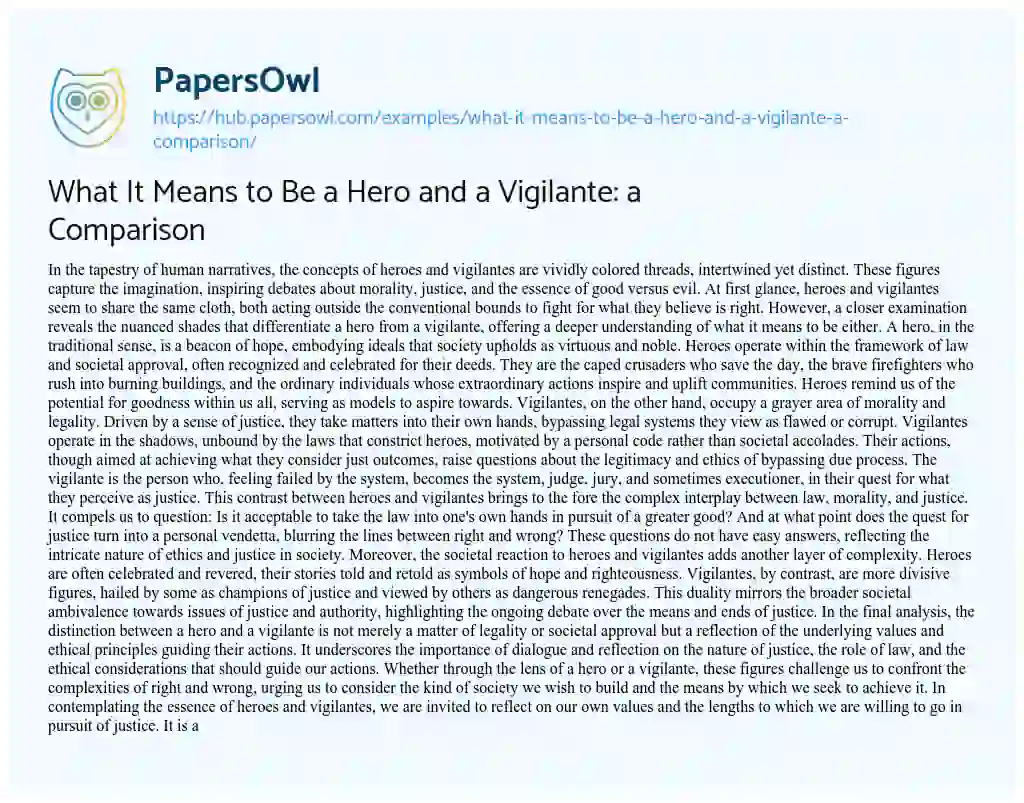 Essay on What It Means to Be a Hero and a Vigilante: a Comparison