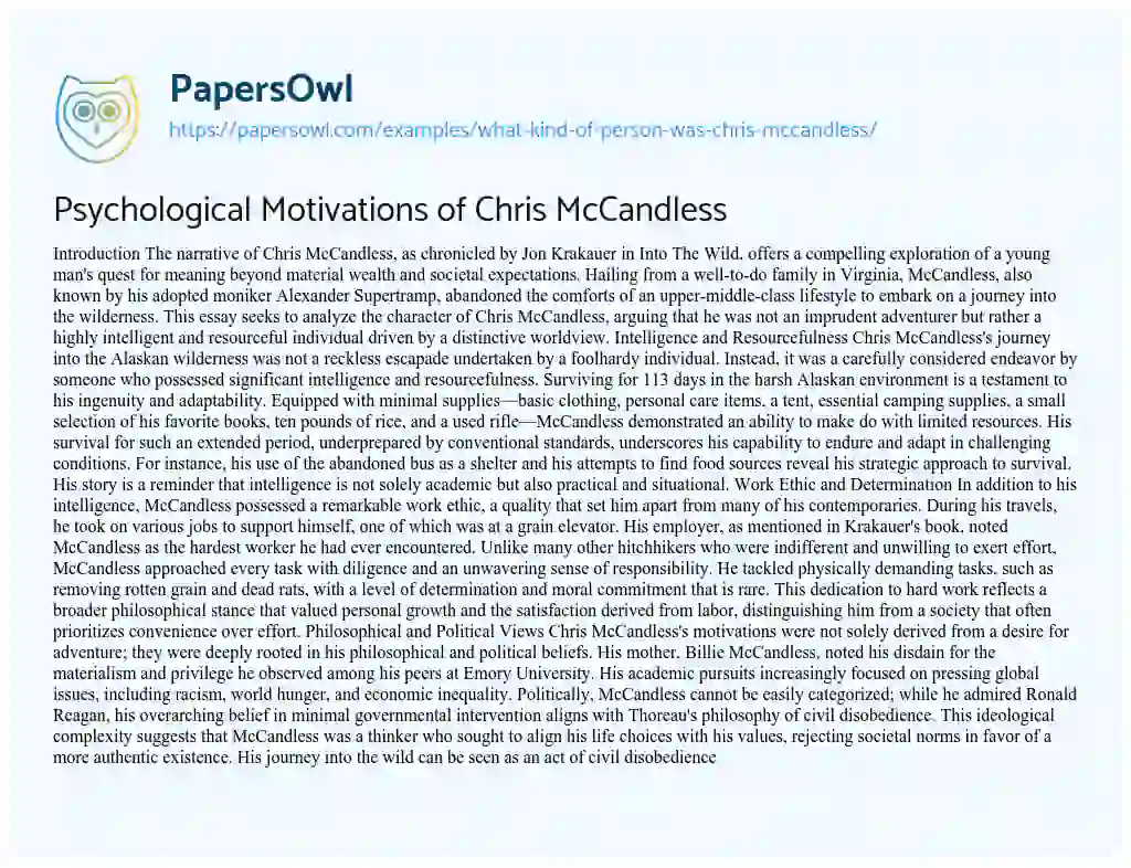 Essay on Psychological Motivations of Chris McCandless