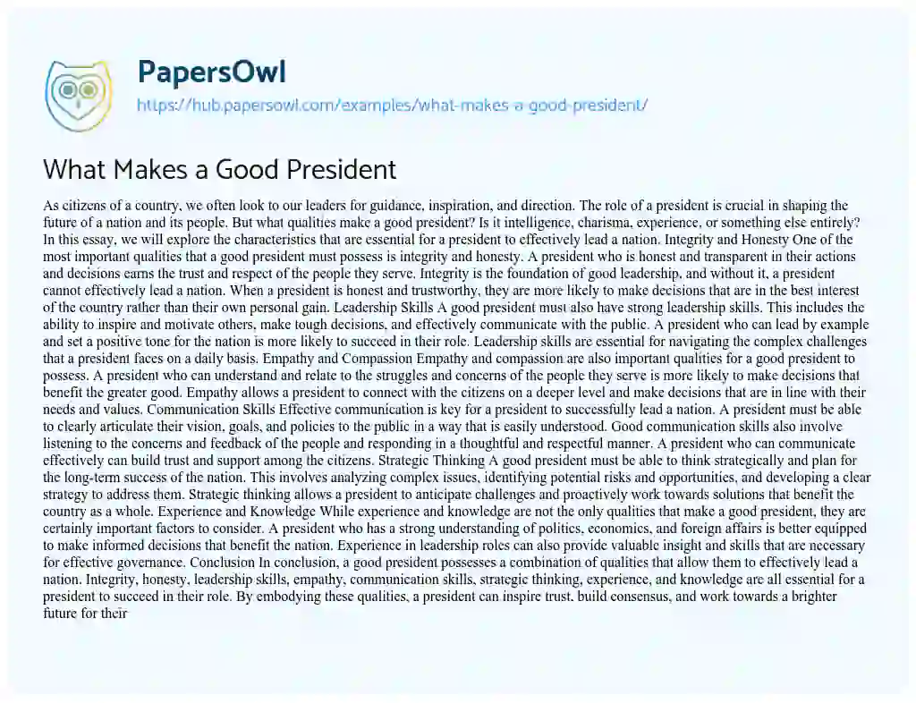 Essay on What Makes a Good President