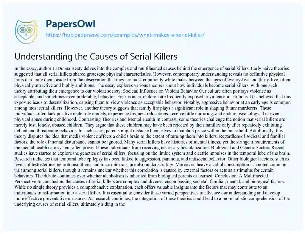 Essay on Understanding the Causes of Serial Killers