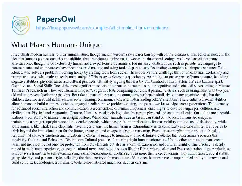 Essay on What Makes Humans Unique