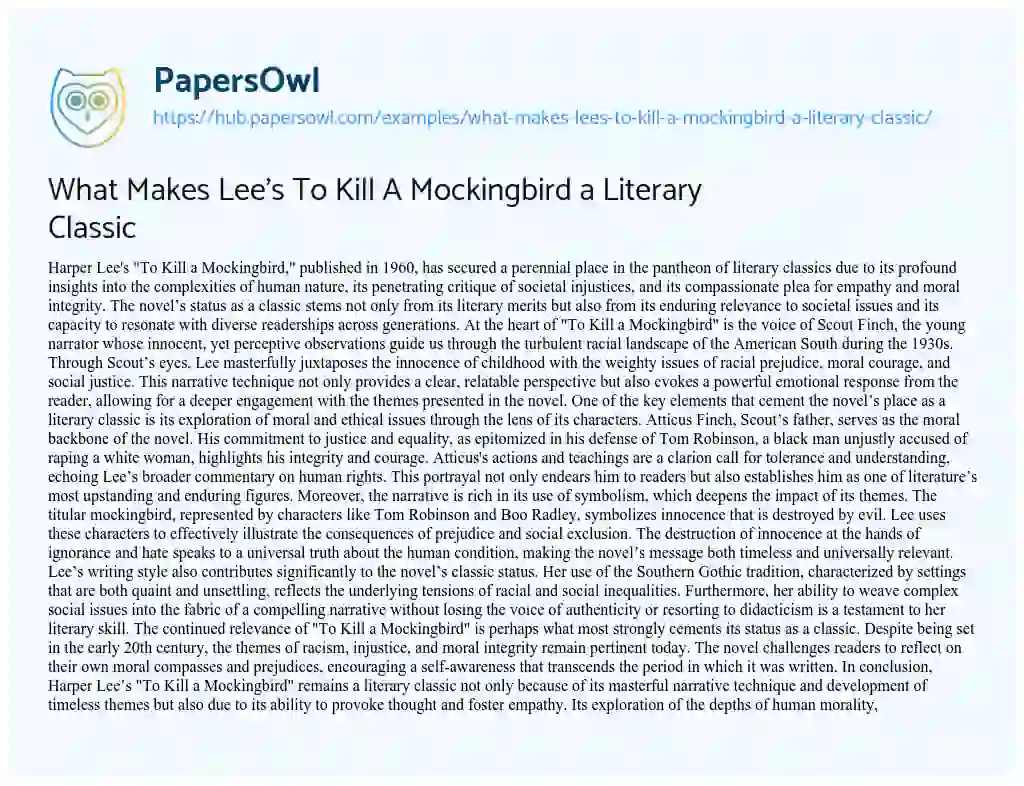 Essay on What Makes Lee’s To Kill A Mockingbird a Literary Classic