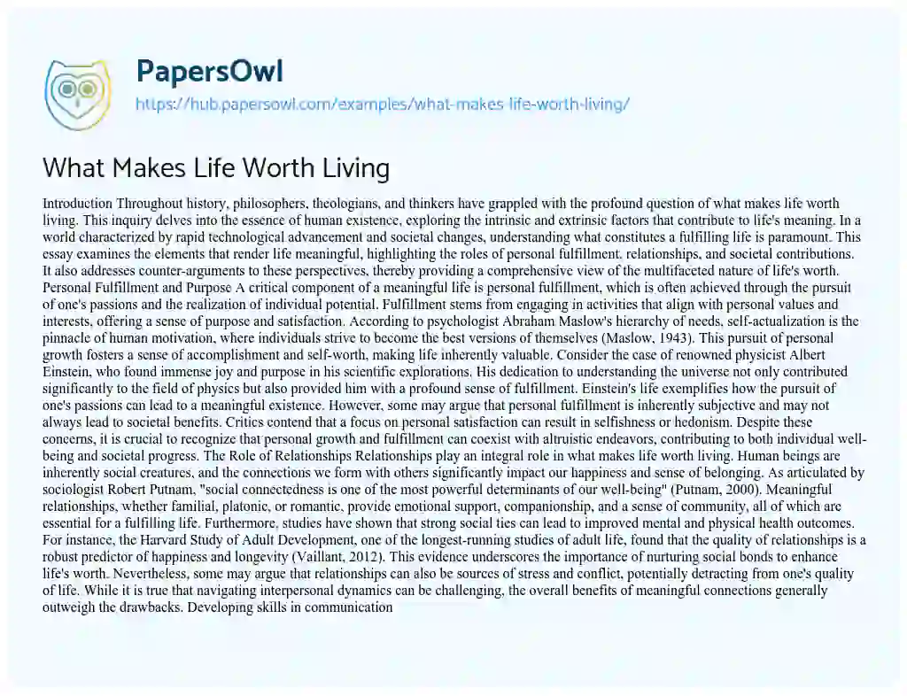 Essay on What Makes Life Worth Living