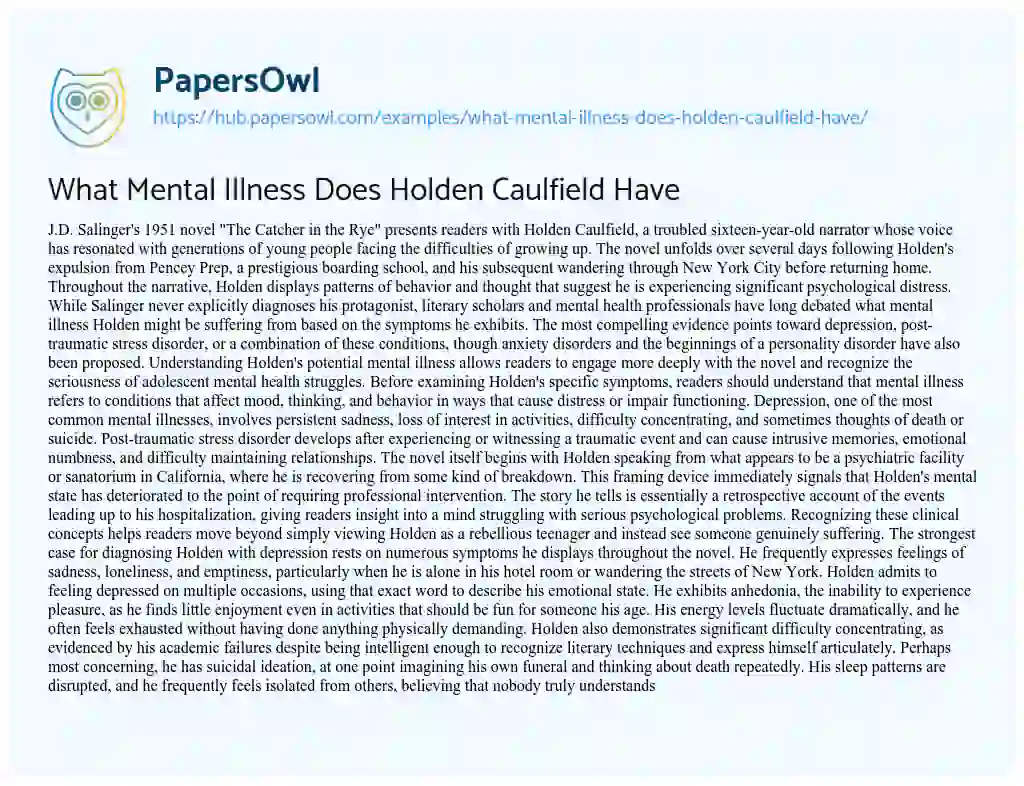 Essay on What Mental Illness Does Holden Caulfield Have