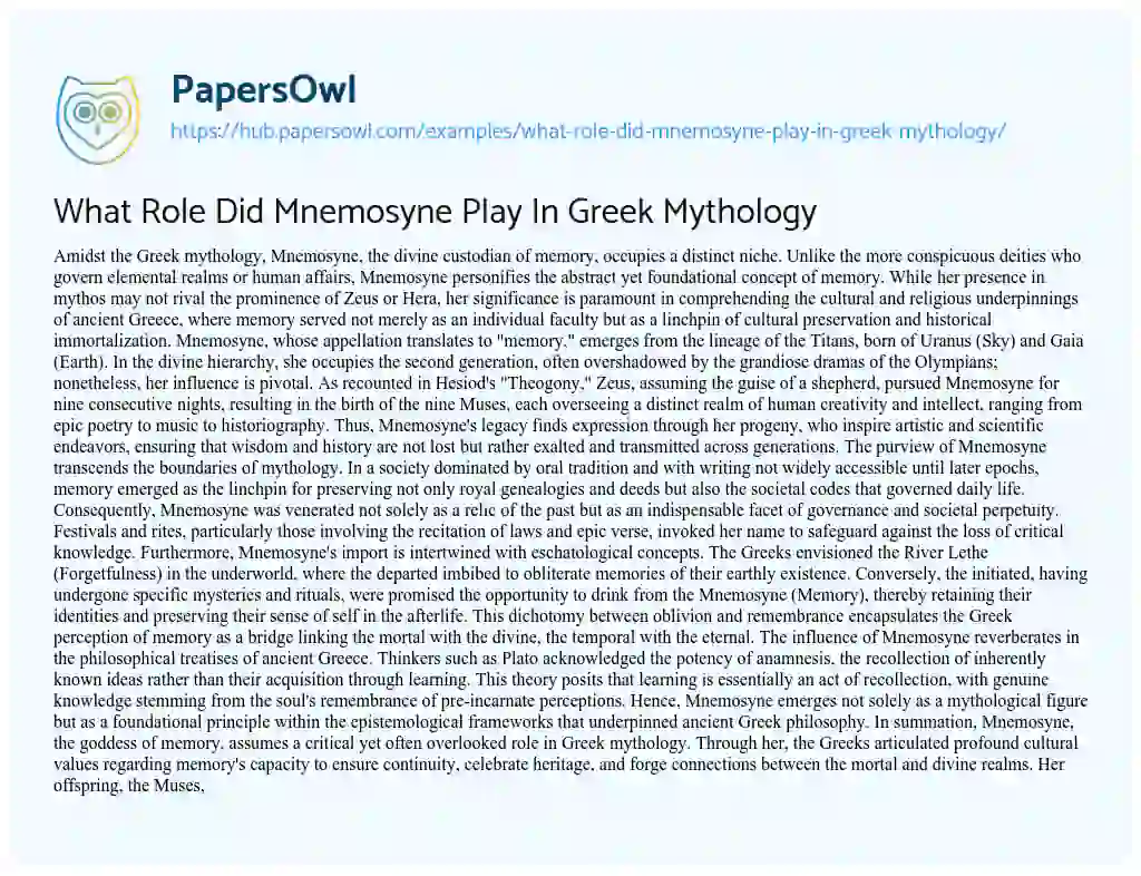 Essay on What Role Did Mnemosyne Play In Greek Mythology