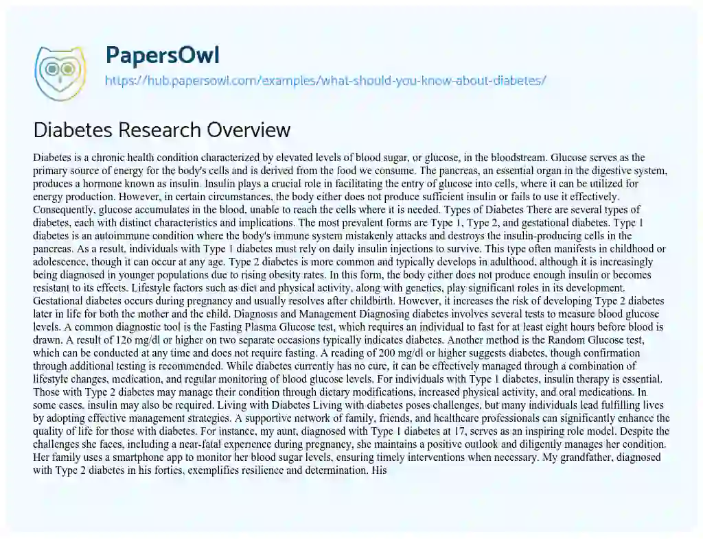 Essay on Diabetes Research Overview
