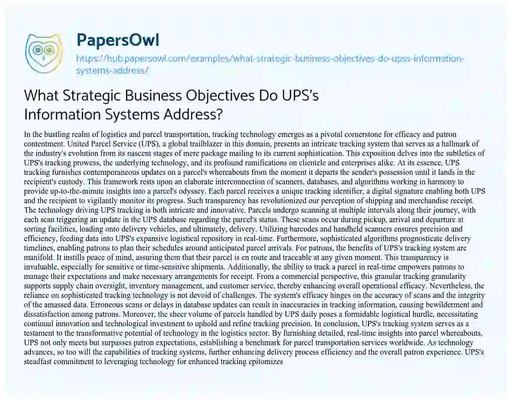 Essay on What Strategic Business Objectives Do UPS’s Information Systems Address?