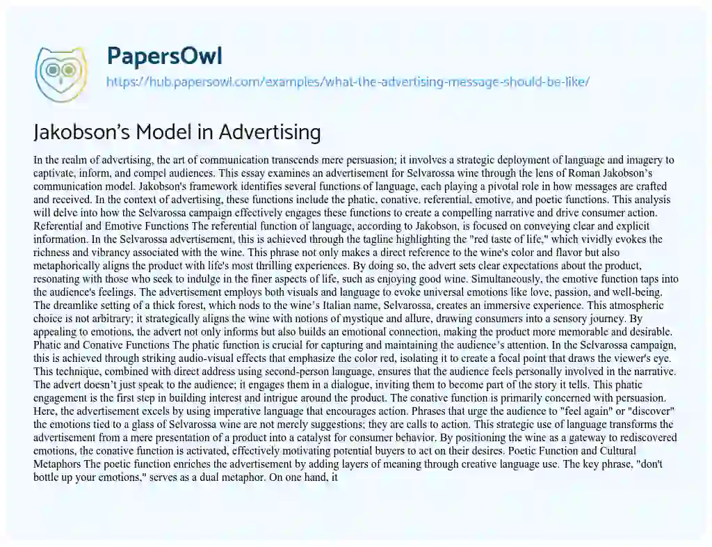 Essay on Jakobson’s Model in Advertising