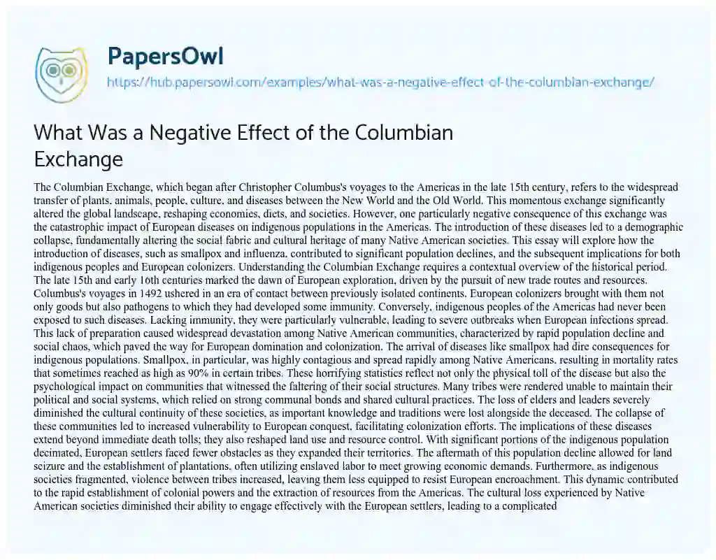 Essay on What Was a Negative Effect of the Columbian Exchange