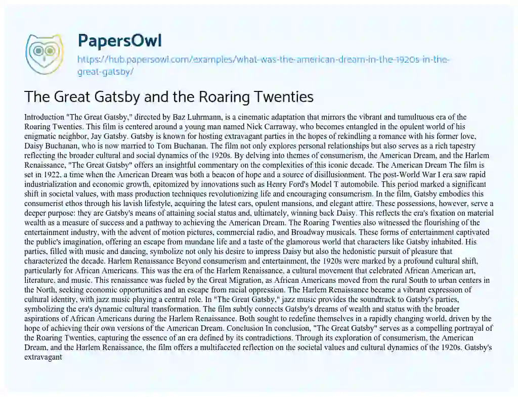 Essay on The Great Gatsby and the Roaring Twenties