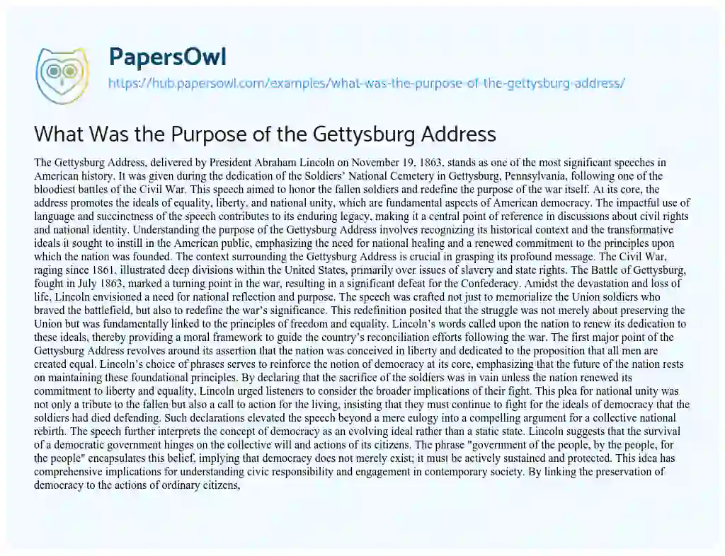 Essay on What Was the Purpose of the Gettysburg Address