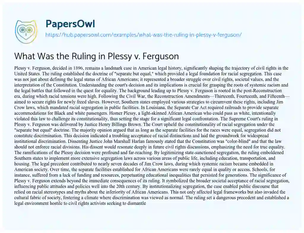 Essay on What Was the Ruling in Plessy v. Ferguson