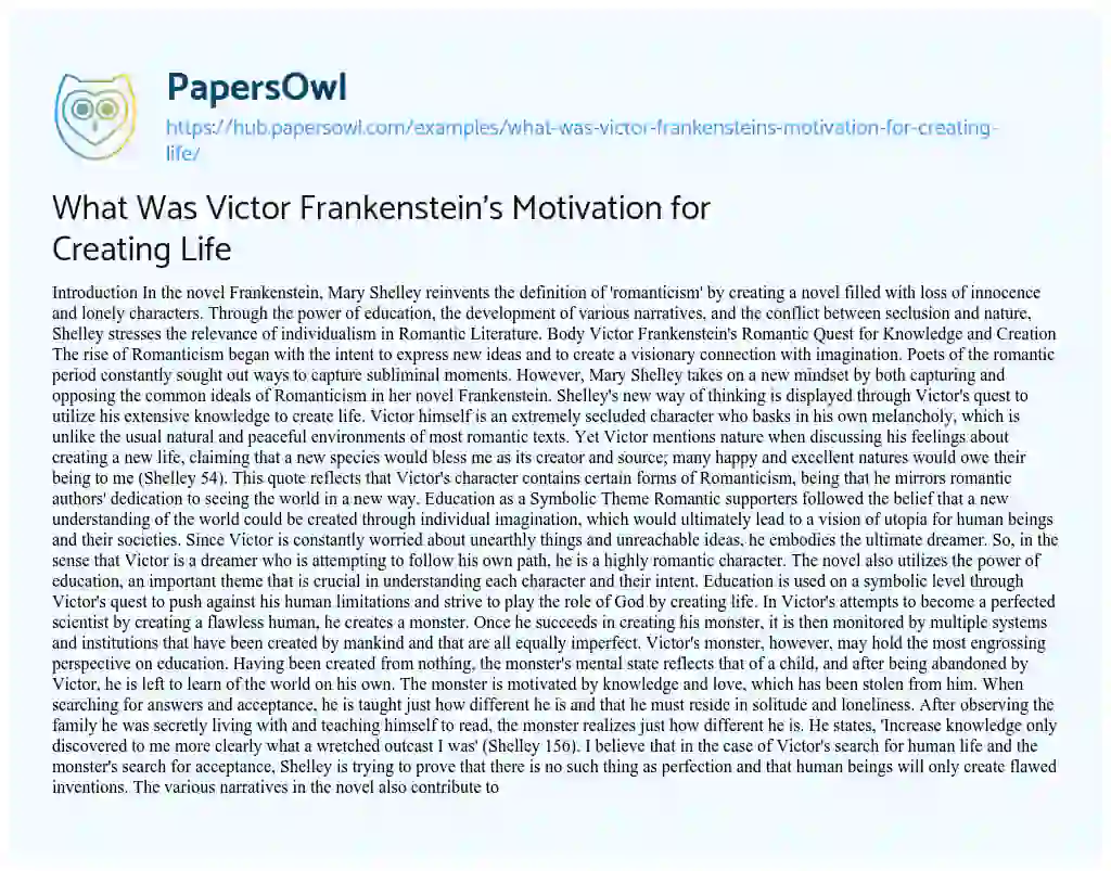 Essay on What Was Victor Frankenstein’s Motivation for Creating Life