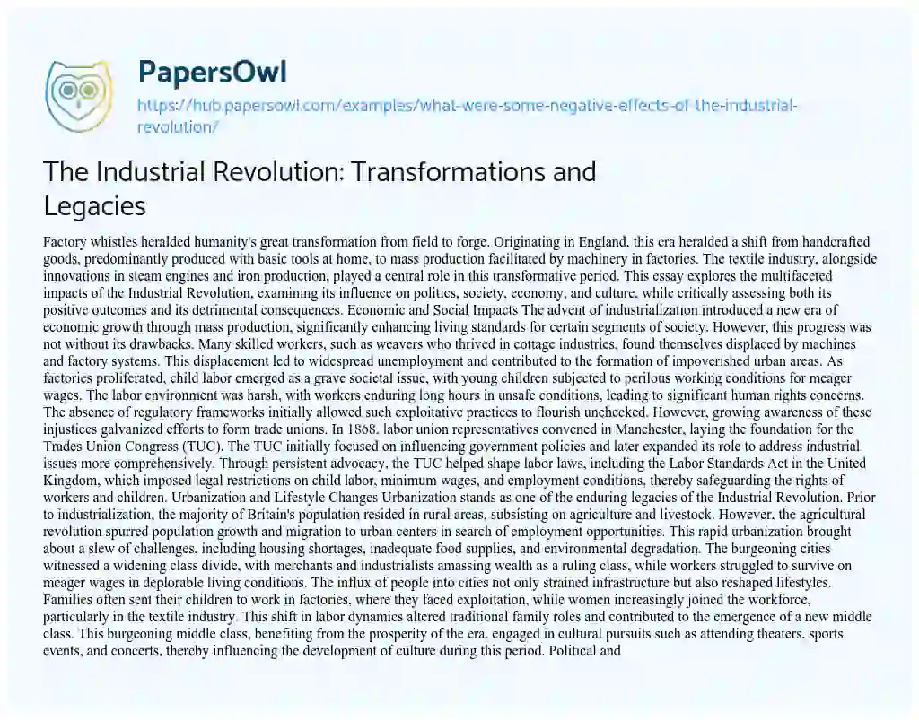 Essay on The Industrial Revolution: Transformations and Legacies