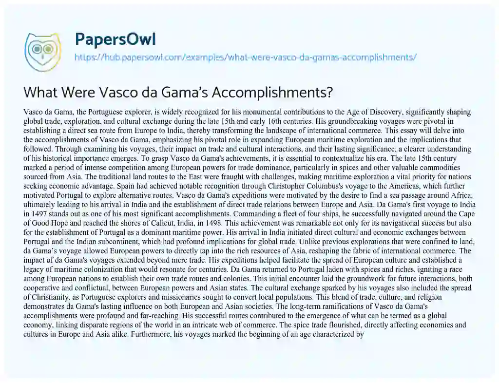 Essay on What Were Vasco da Gama’s Accomplishments?