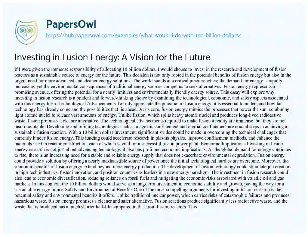 Essay on Investing in Fusion Energy: A Vision for the Future