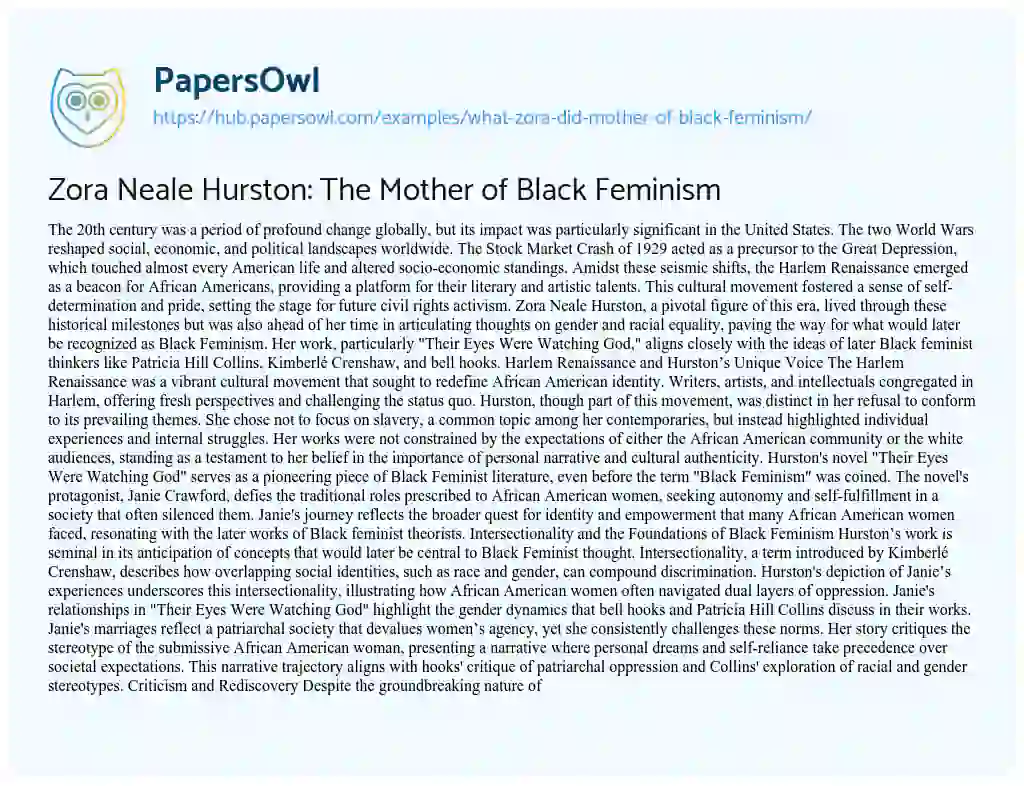 Essay on Zora Neale Hurston: The Mother of Black Feminism