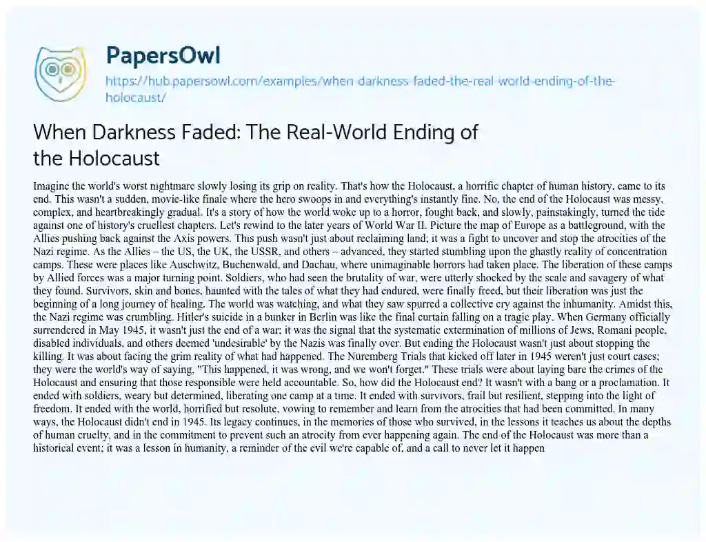 Essay on When Darkness Faded: The Real-World Ending of the Holocaust