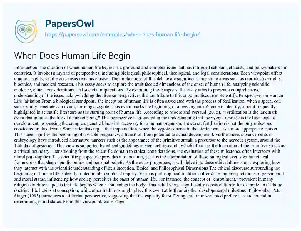 Essay on When Does Human Life Begin