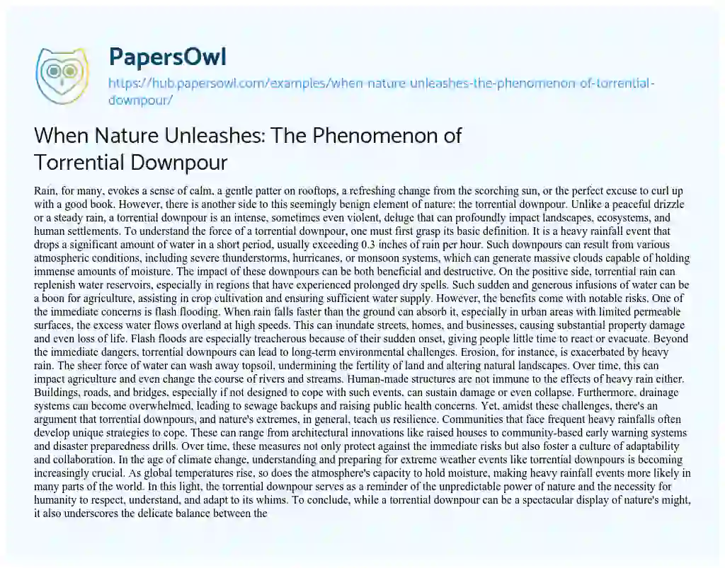 Essay on When Nature Unleashes: The Phenomenon of Torrential Downpour