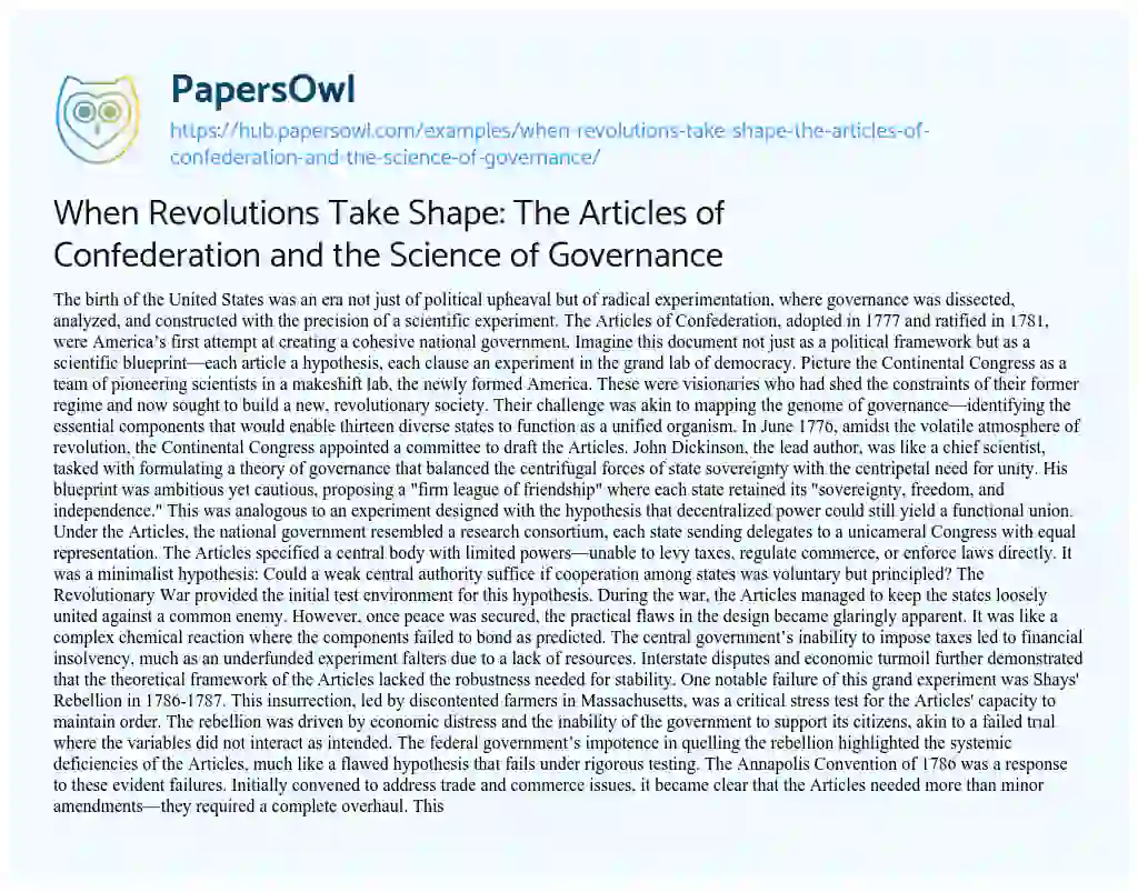 Essay on When Revolutions Take Shape: The Articles of Confederation and the Science of Governance