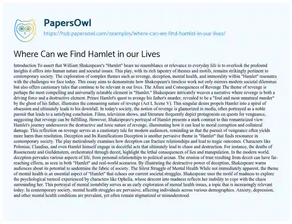 Essay on Where Can we Find Hamlet in our Lives