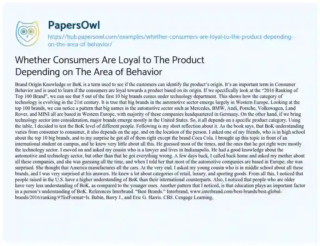 Essay on Whether Consumers Are Loyal to The Product Depending on The Area of Behavior