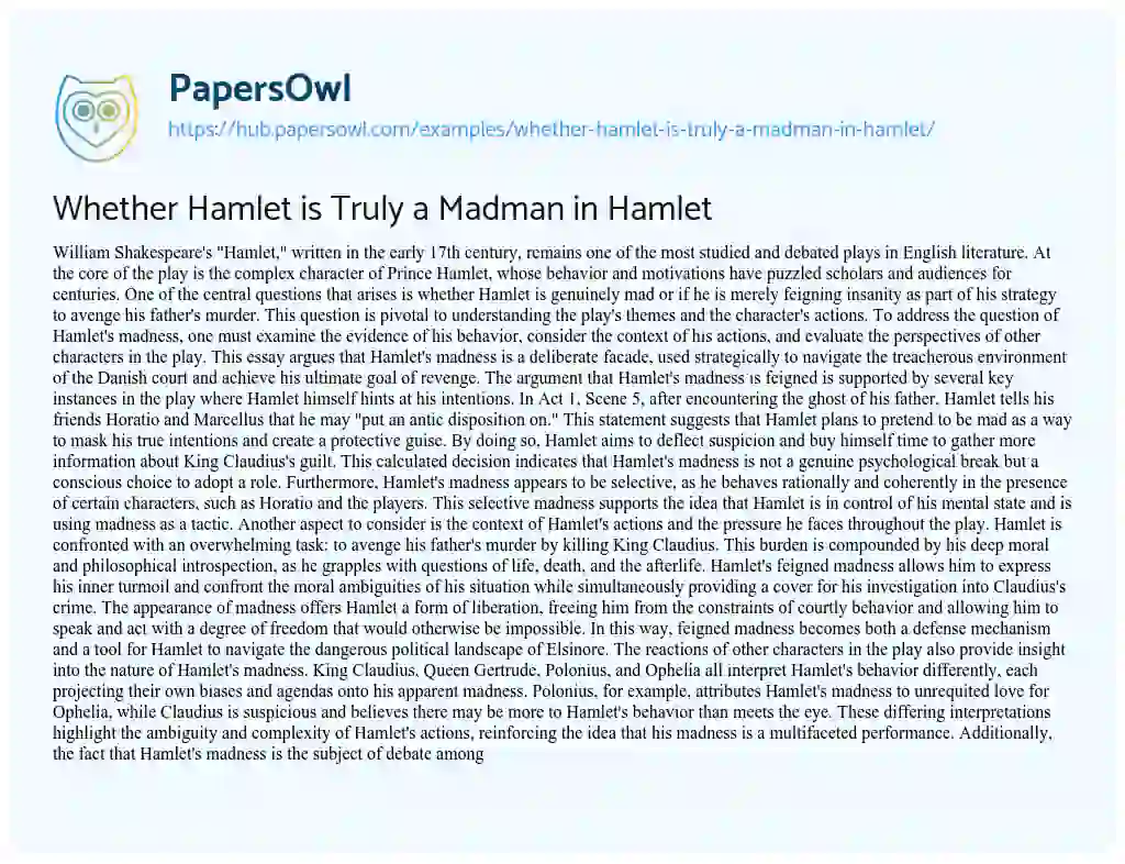 Essay on Whether Hamlet is Truly a Madman in Hamlet