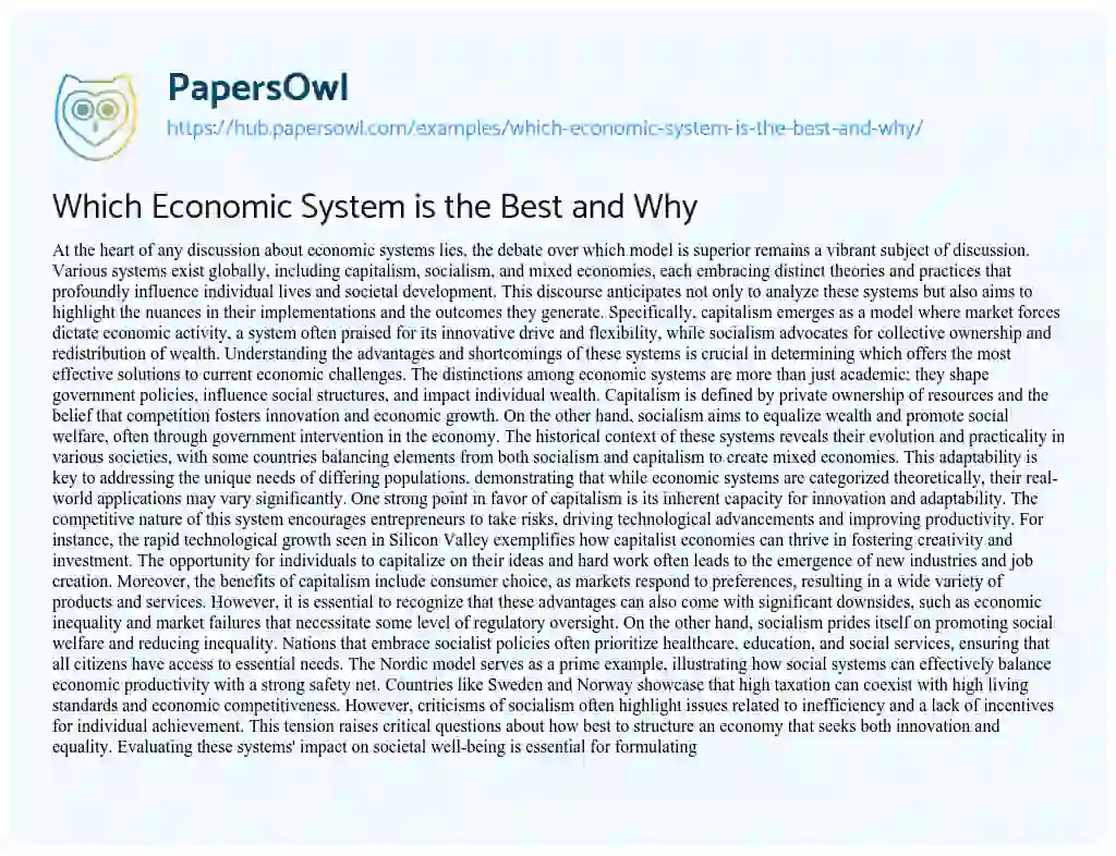 Essay on Which Economic System is the Best and Why