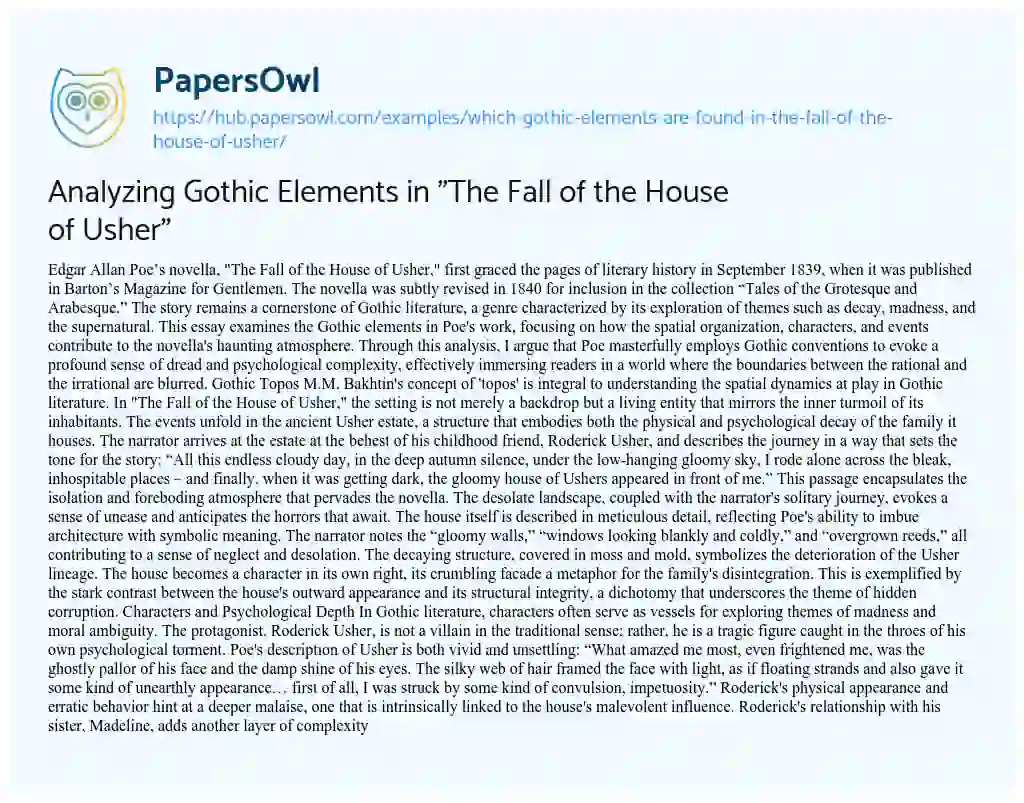 Essay on Analyzing Gothic Elements in “The Fall of the House of Usher”