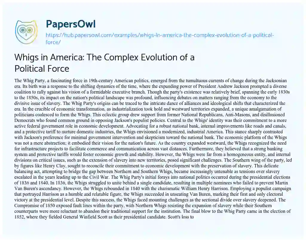 Essay on Whigs in America: The Complex Evolution of a Political Force