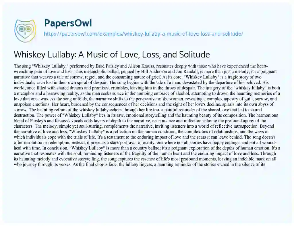 Essay on Whiskey Lullaby: A Music of Love, Loss, and Solitude