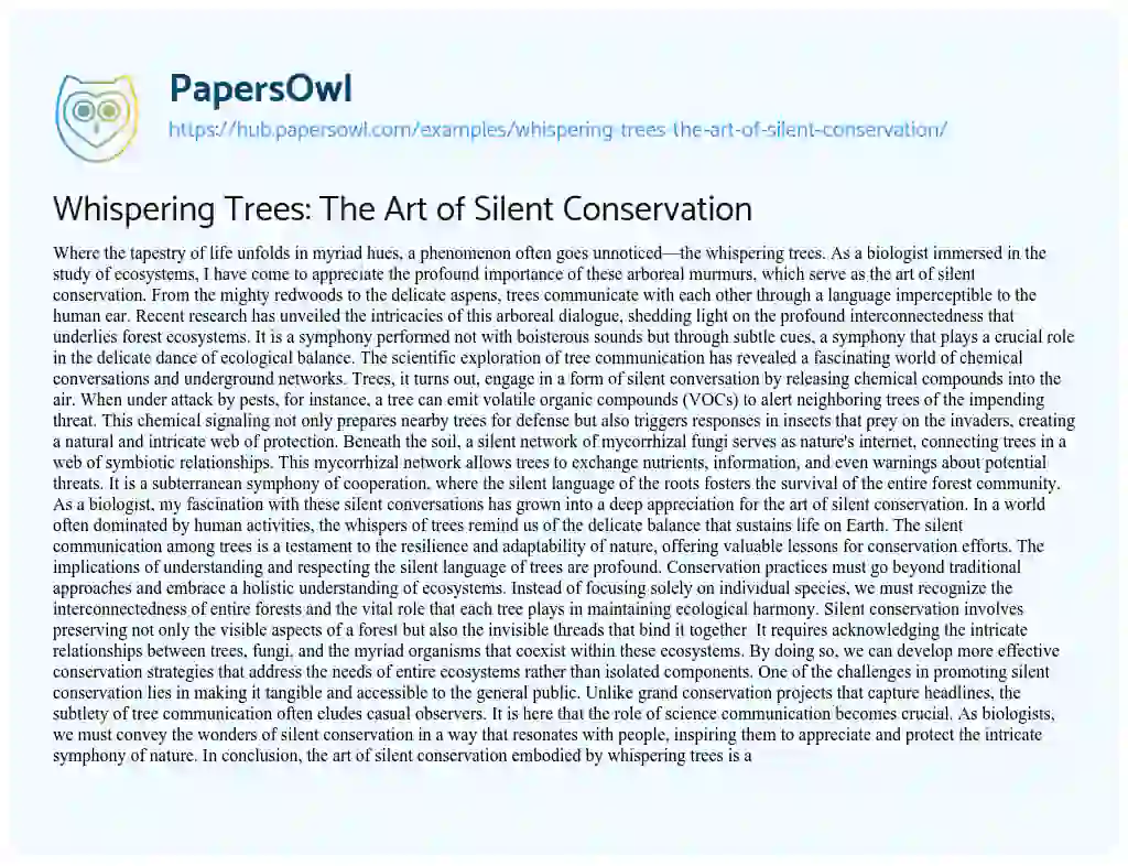 Essay on Whispering Trees: The Art of Silent Conservation
