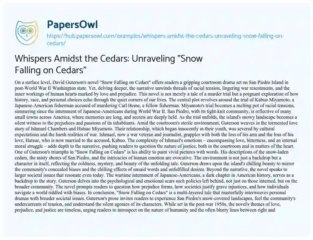 Essay on Whispers Amidst the Cedars: Unraveling “Snow Falling on Cedars”