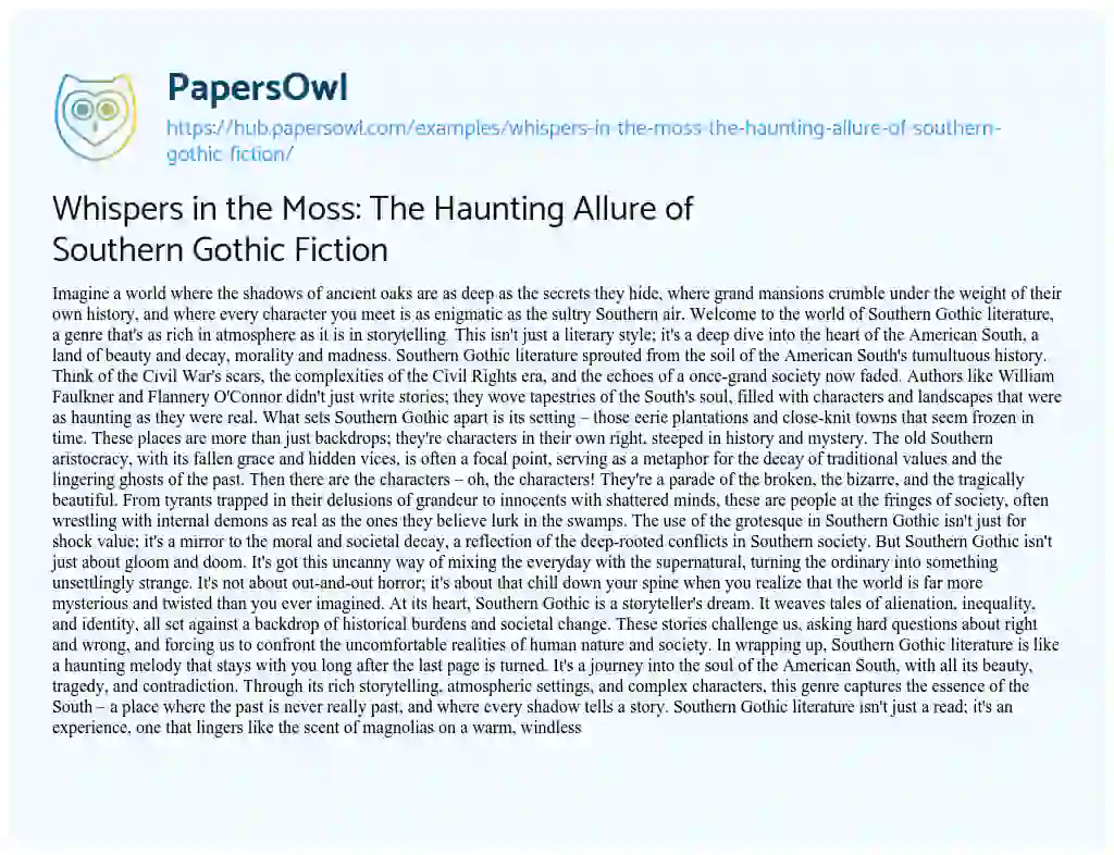 Essay on Whispers in the Moss: The Haunting Allure of Southern Gothic Fiction