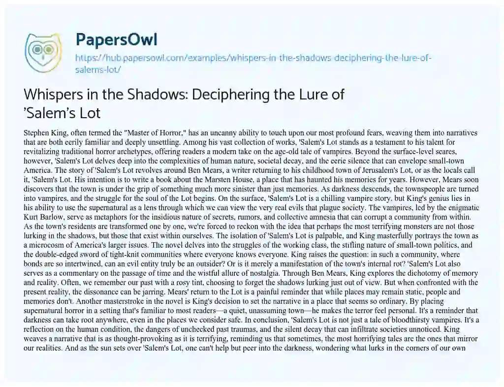 Essay on Whispers in the Shadows: Deciphering the Lure of ‘Salem’s Lot