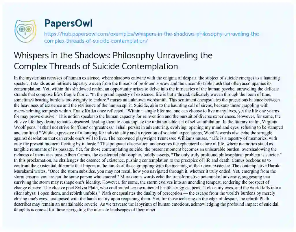 Essay on Whispers in the Shadows: Philosophy Unraveling the Complex Threads of Suicide Contemplation