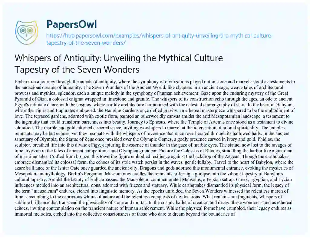 Essay on Whispers of Antiquity: Unveiling the Mythical Culture Tapestry of the Seven Wonders
