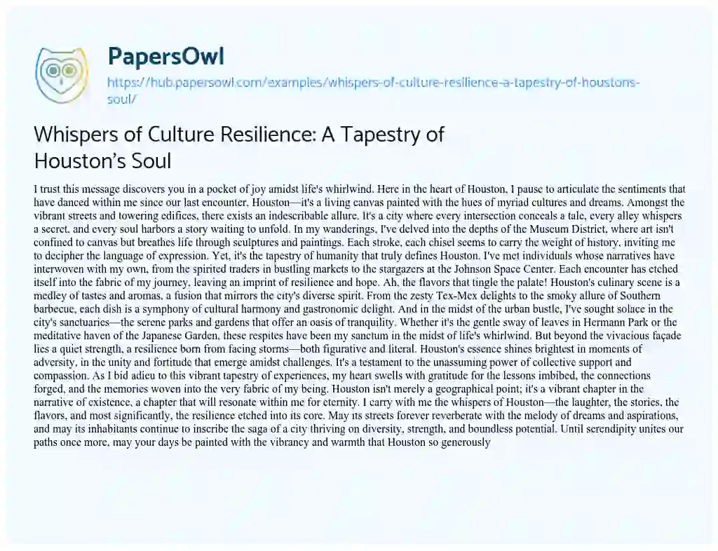 Essay on Whispers of Culture Resilience: A Tapestry of Houston’s Soul