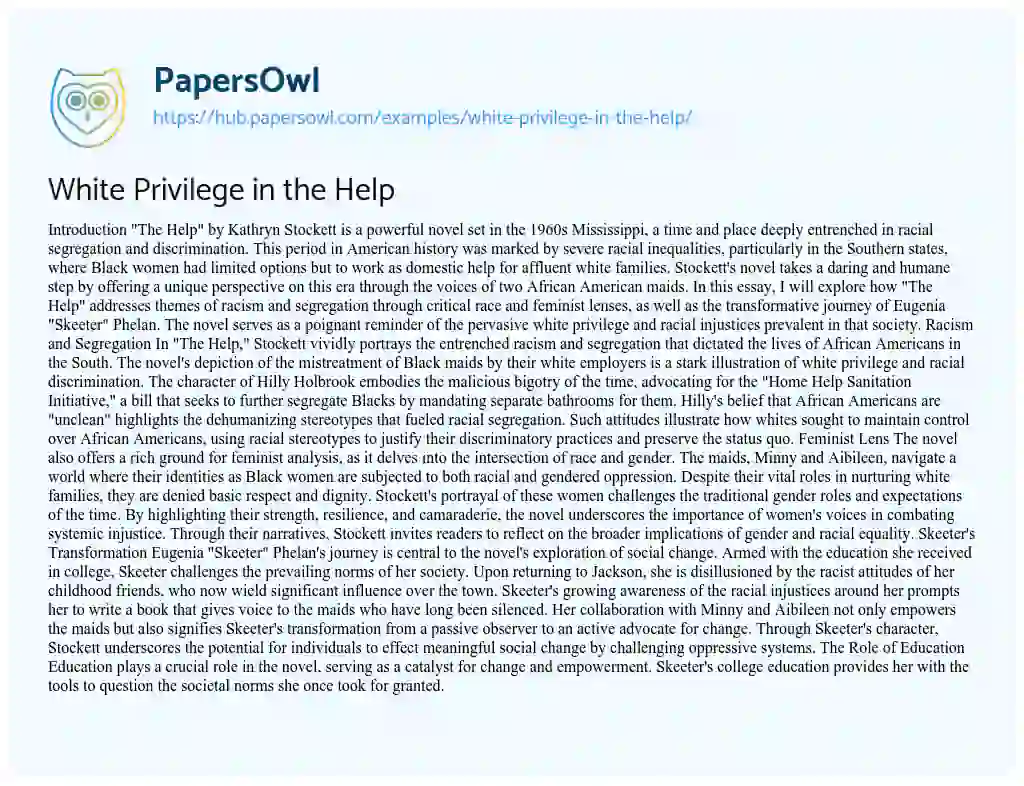 Essay on White Privilege in the Help