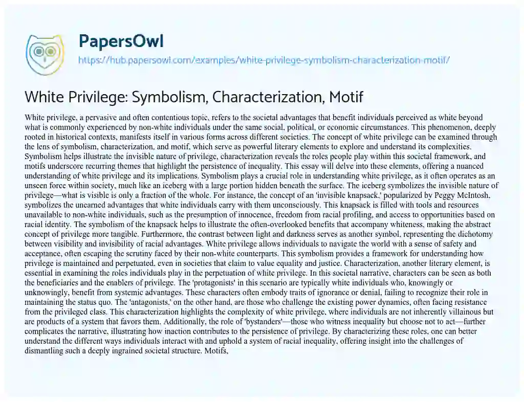 Essay on White Privilege: Symbolism, Characterization, Motif